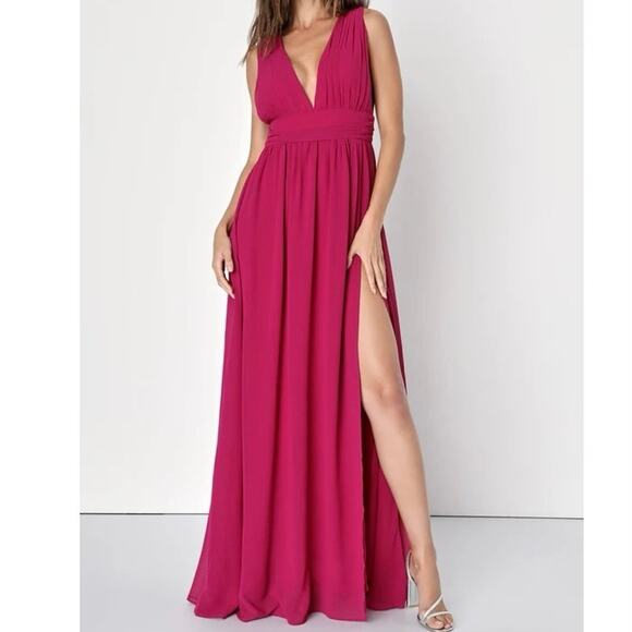 Lulu’s Womens Heavenly Hues Magenta Maxi Dress Deep V Evening Formal Prom XS - Picture 1 of 10